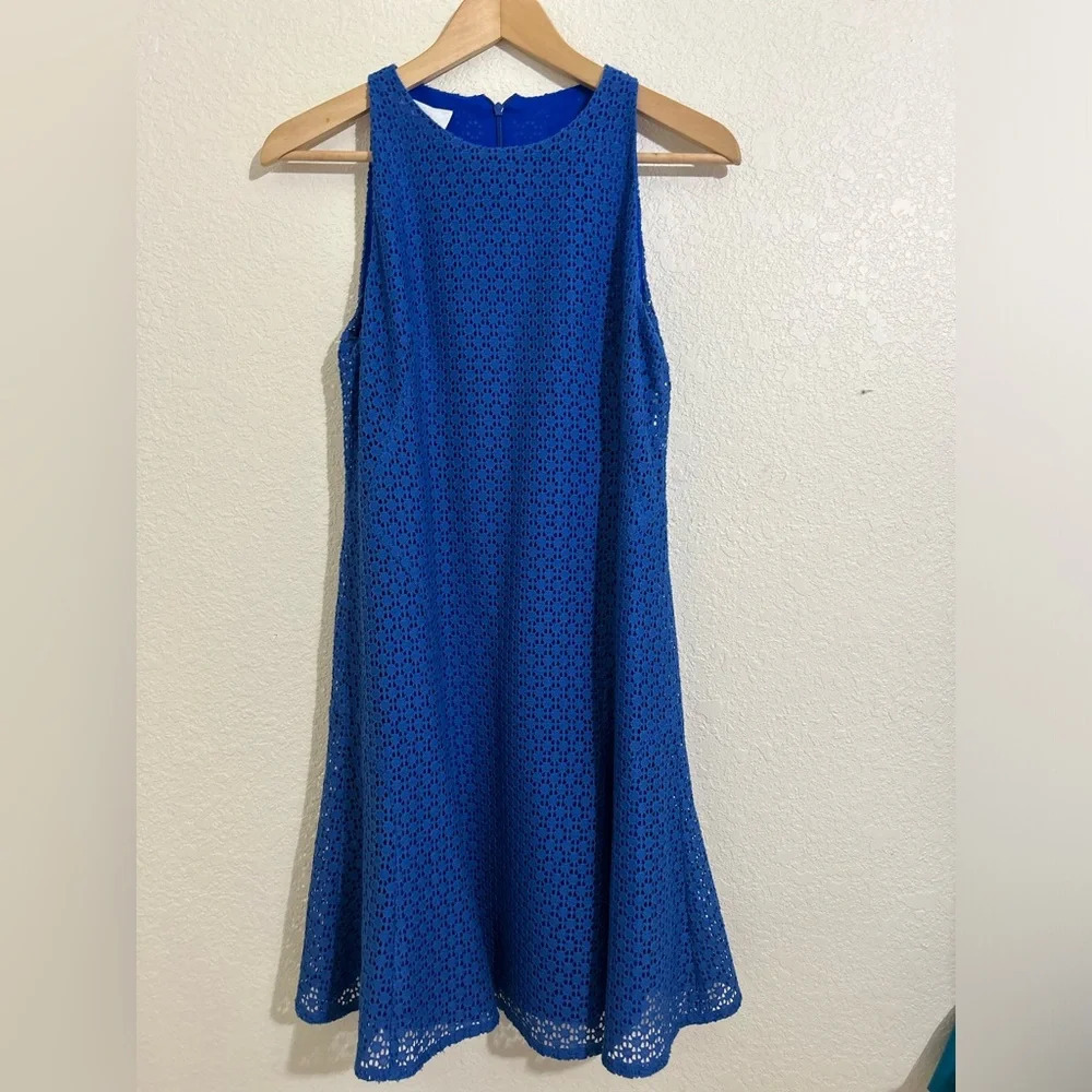 A-K-R-i-S PUNTO Akris blue knit dress, sleeveless with eyelet lace - Picture 2 of 10